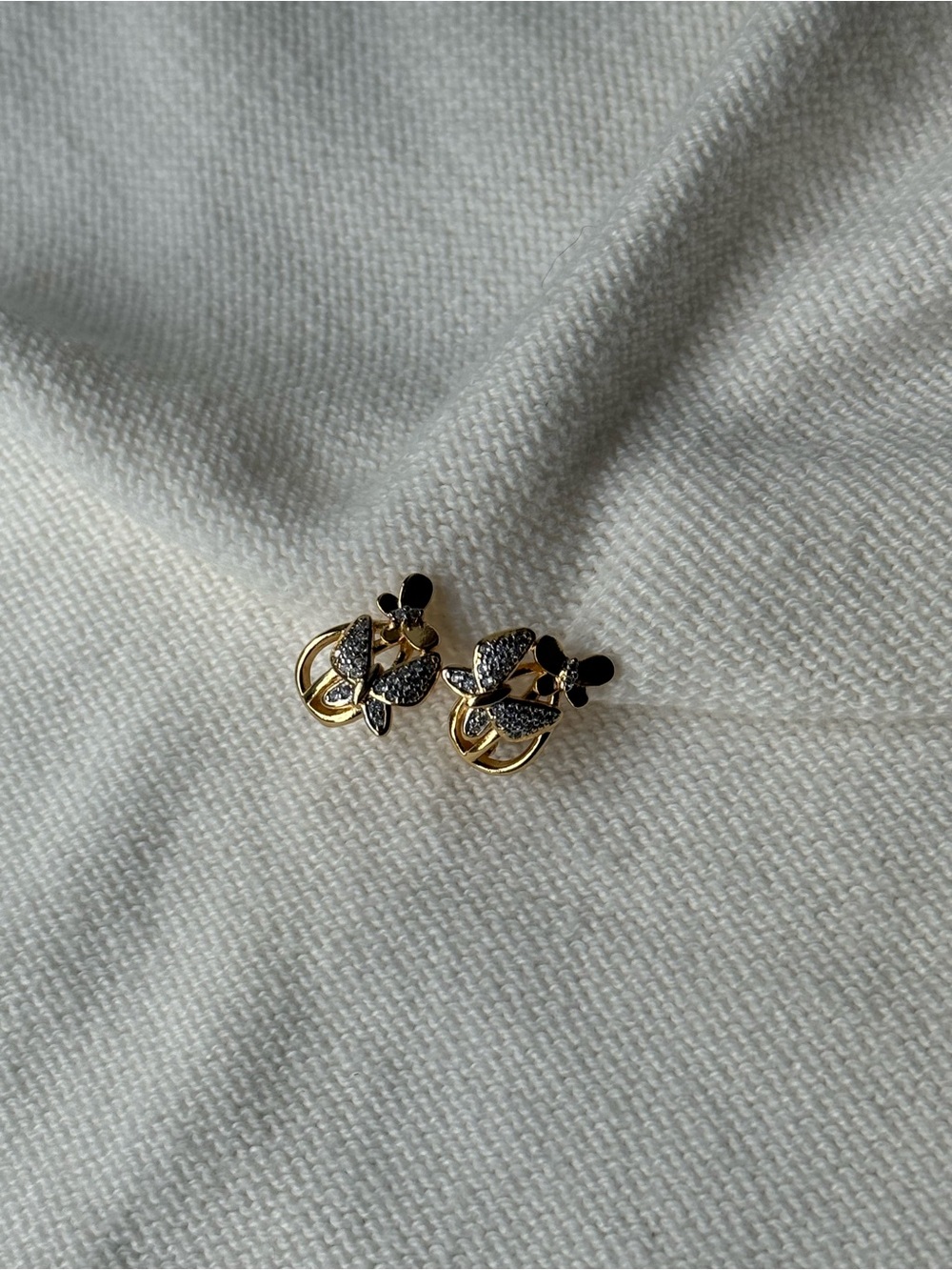 Gold Plated Butterly Crystal Stud Earrings - Black and Gold